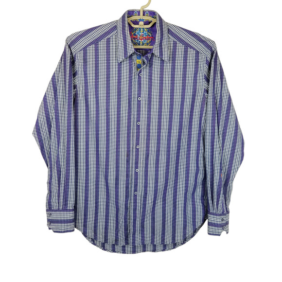 Robert Graham Mens Shirt M Purple Blue Button Up Check Embroidered Flip Cuffs - Picture 1 of 12